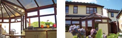 Large P-shaped Ultraframe conservatory with separate areas for a kitchen an area to relax
